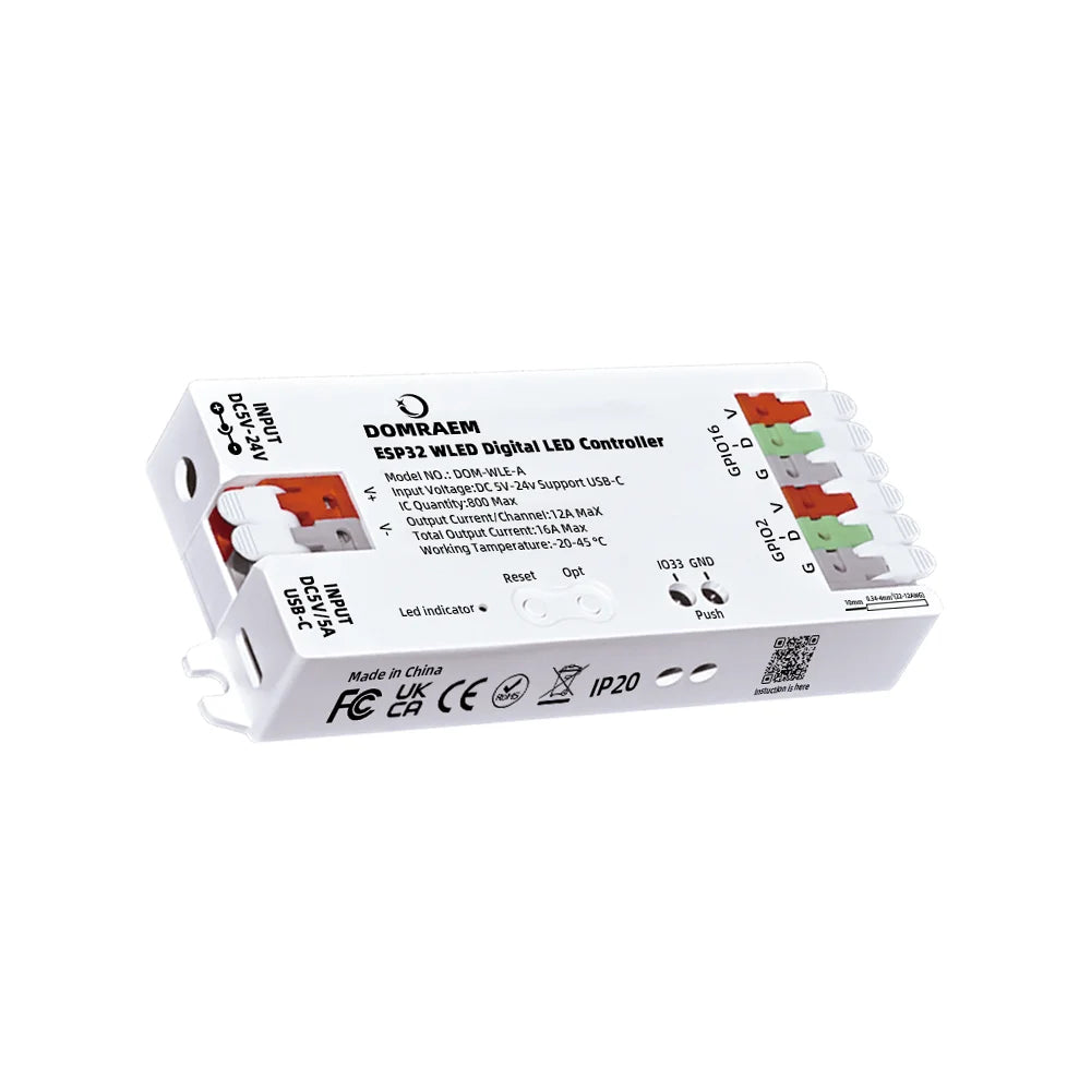 DOMRAEM ESP32 USB-C WLED Digital LED controller RGB IC DIY APP 16A fuse Works with HA/MQTT/Alex WS2811/12/12B/14/05 Sk6812 Strip