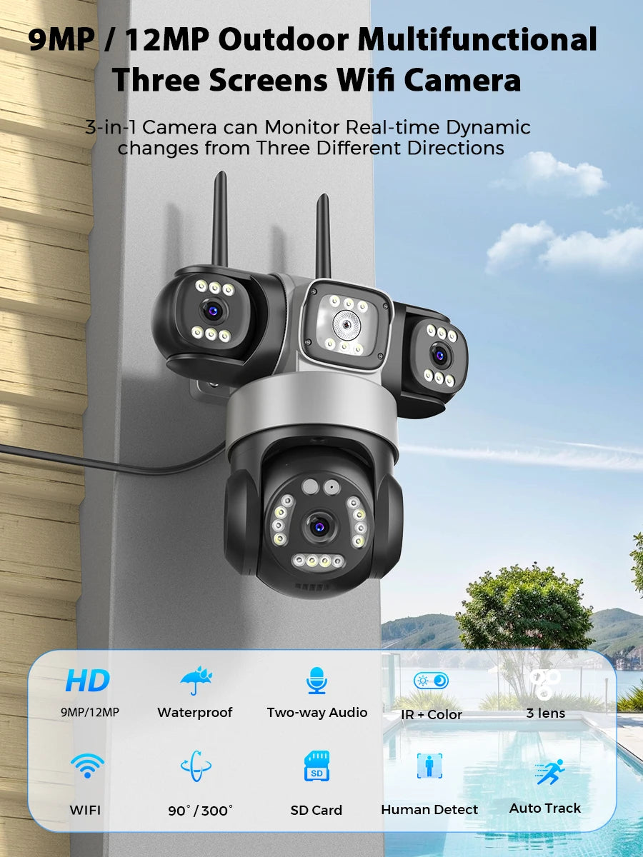 12MP Outdoor WiFi Camera, 6K HD Triple Lens, Triple Screens PTZ IP Security Camera, Human Auto Tracking, Waterproof CCTV Cam ICSEE