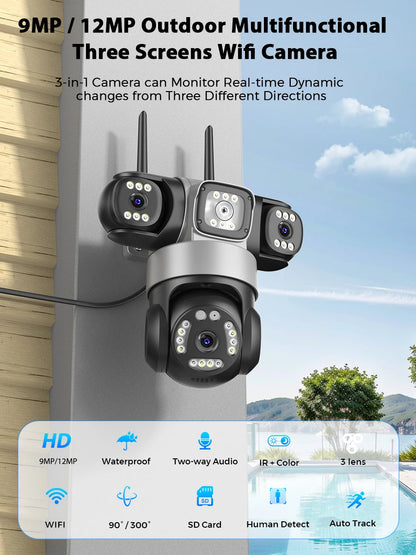 12MP Outdoor WiFi Camera, 6K HD Triple Lens, Triple Screens PTZ IP Security Camera, Human Auto Tracking, Waterproof CCTV Cam ICSEE