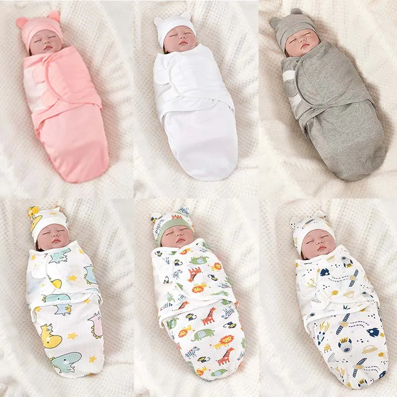 Baby Blanket Hat Set, Cartoon Printed Cotton Newborn Swaddle, Adjustable Infant Sleeping Swaddle Wraps, All Seasons, 0-6 Months