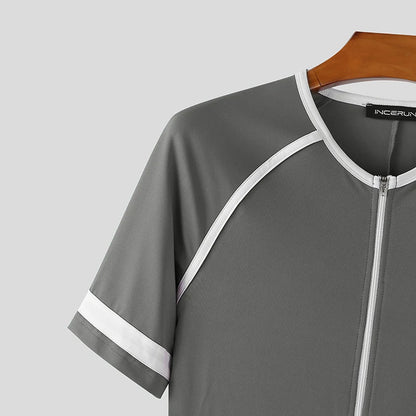 INCERUN Men Bodysuits Patchwork Zipper O-neck Short Sleeve Cozy Male Rompers Playsuits Workout 2025 Fashion Casual Bodysuit Men