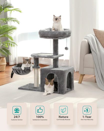 Cat tree, Cat Tower for Indoor Cats, 2 Styles Cat Activity Tree with Cat Scratching Posts, Big Hammock and Removable Top Perch Grey