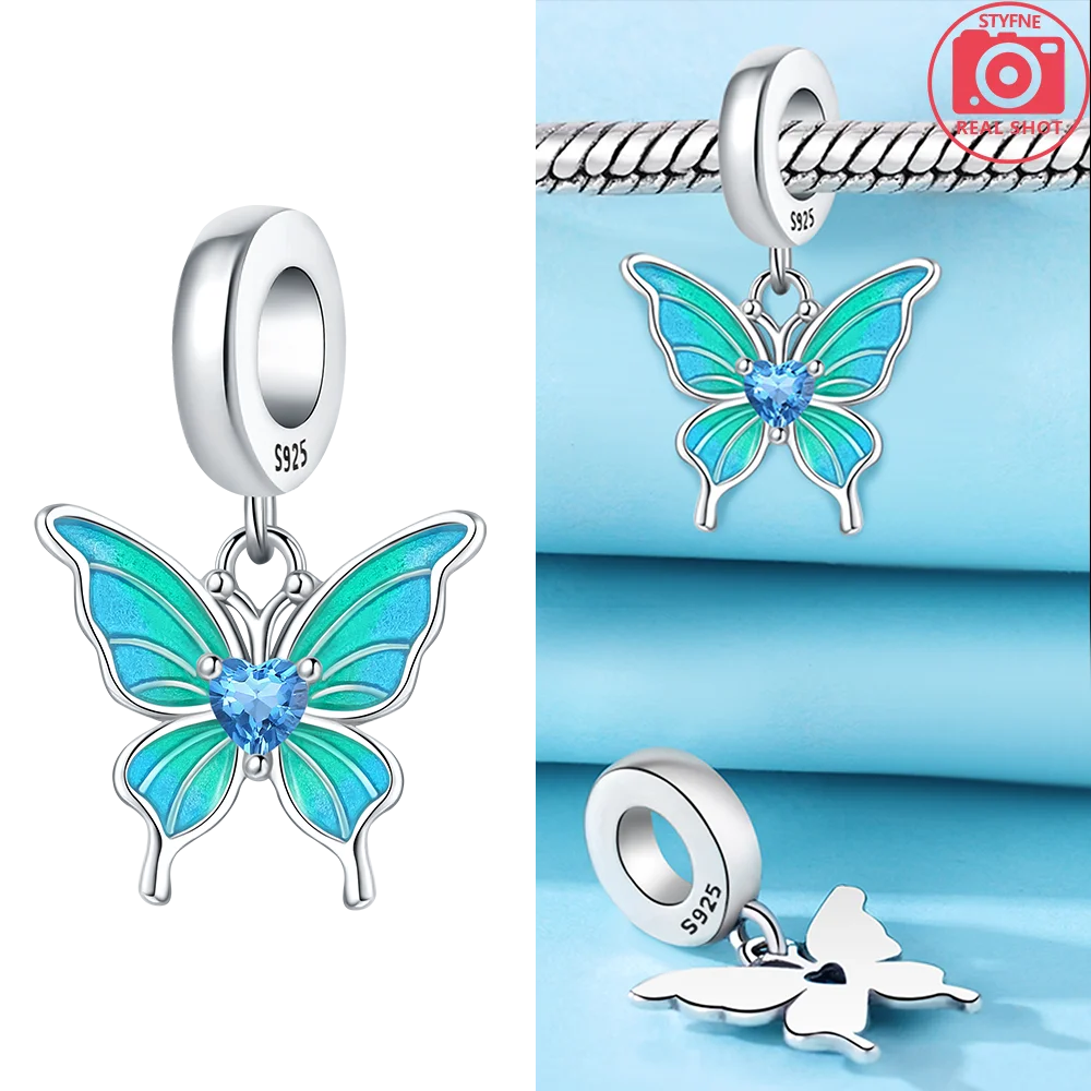 Charms 925 Silver Blue Original Stars Heart Zircon Chameleon Panda Glass Beads Fit Bracelet Jewelry Women Diy Accessories