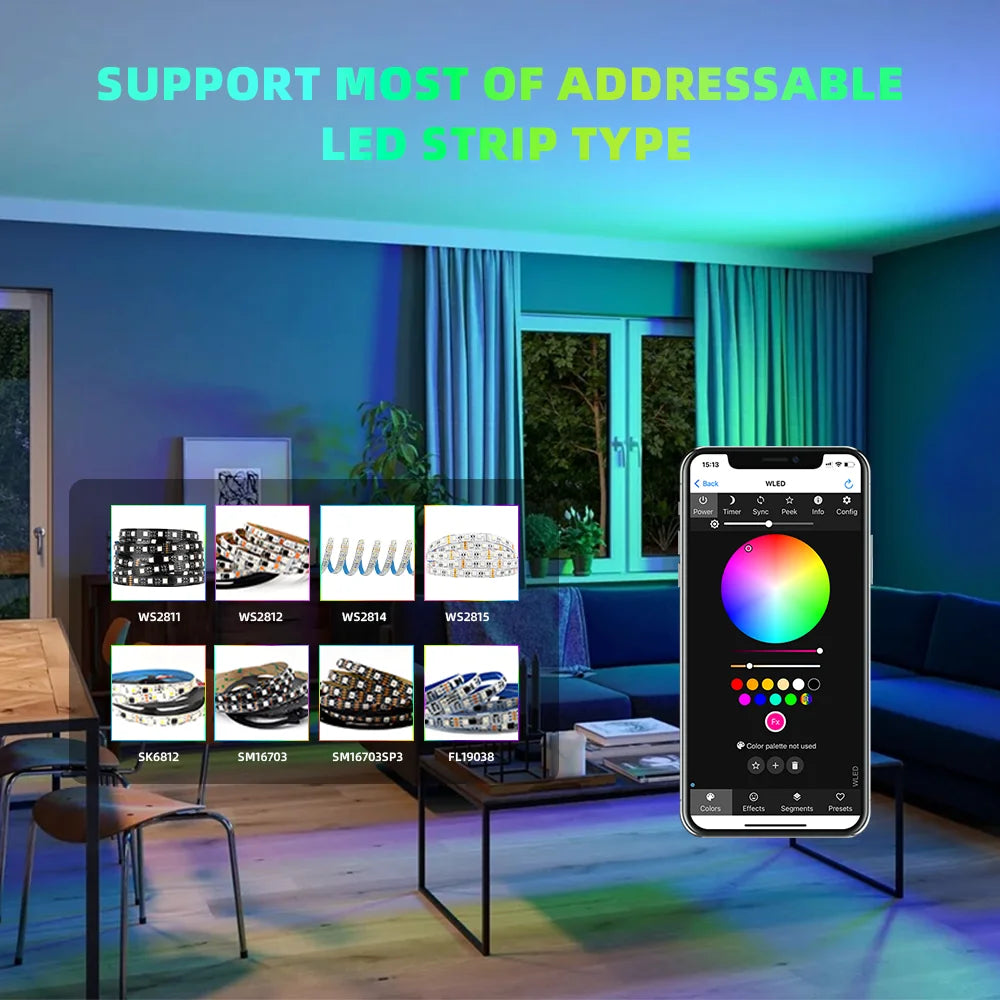 DOMRAEM ESP32 USB-C WLED Digital LED controller RGB IC DIY APP 16A fuse Works with HA/MQTT/Alex WS2811/12/12B/14/05 Sk6812 Strip
