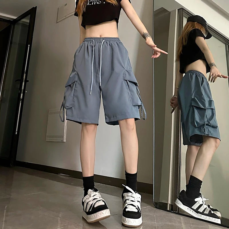 Women High Waist Cargo Shorts, American Style Streetwear, Summer Wide Leg Pants, Fashion Female Big Pocket Loose Shorts New, ZOKI
