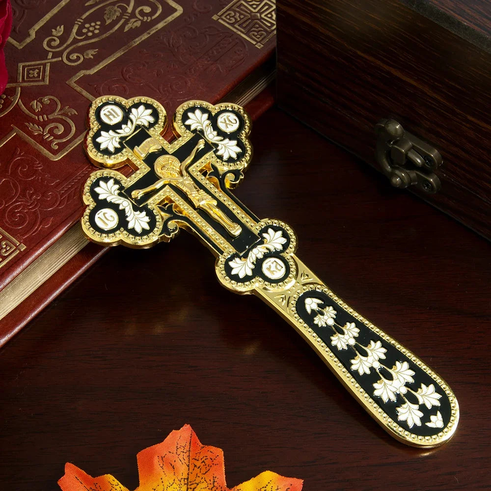 Orthodox Blessing Handheld Church Cross Gold Plated Colorful Enamel Jesus icon, Cross INRI Crucifix Single Face Jesus, HTISOK