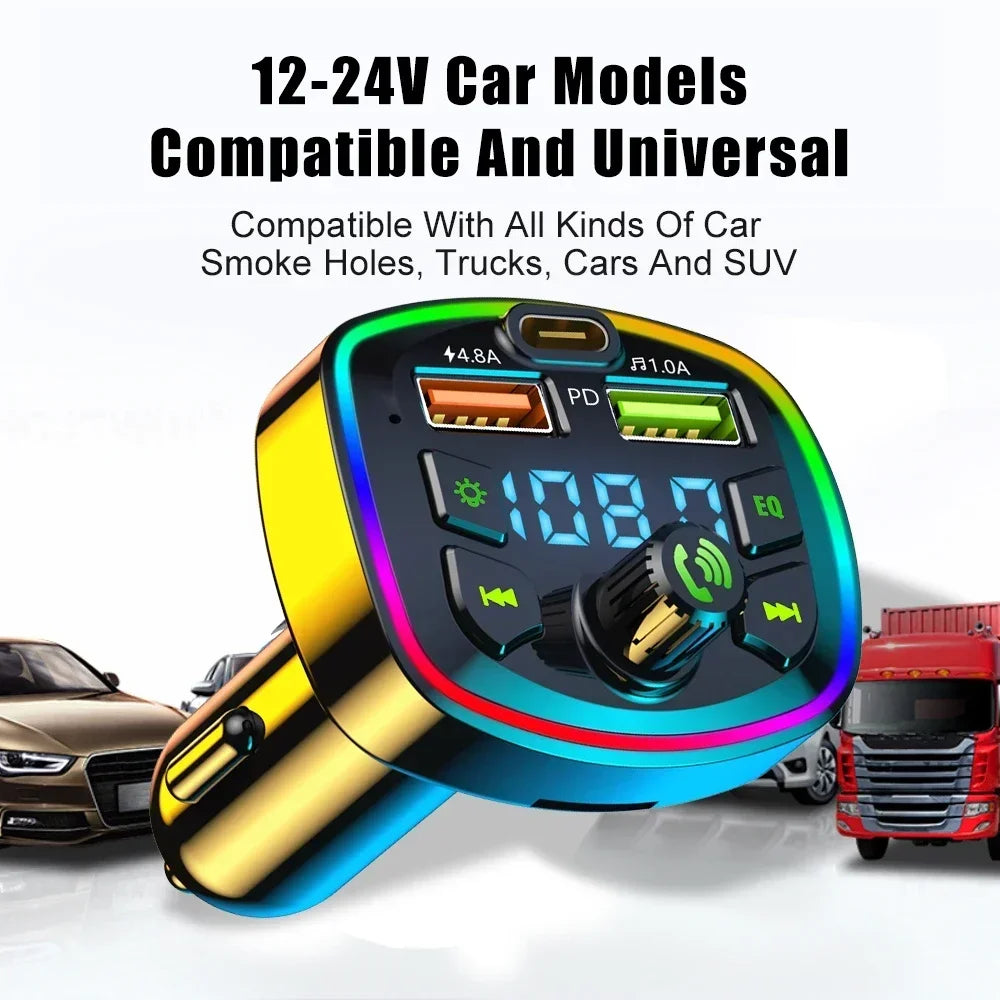 Car MP3 Player Bluetooth 5.0 FM Transmitter Handsfree Car Radio Modulator with Built-in Mic USB Quick Charge Adapter for Car