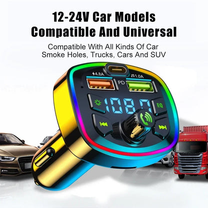 Car MP3 Player Bluetooth 5.0 FM Transmitter Handsfree Car Radio Modulator with Built-in Mic USB Quick Charge Adapter for Car
