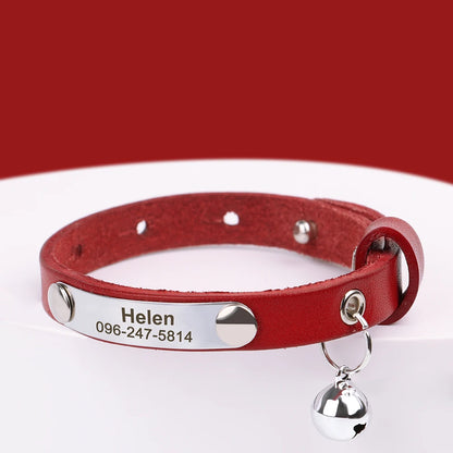 Personalized Cat Collar Leather Kitten Cats Collars Adjustable Pet Necklace With Bell Anti-lost for Cats Free Engraving Custom