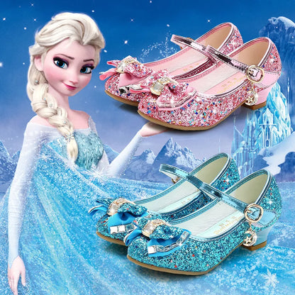 Princess Kids Leather Shoes for Girls Flower Casual Glitter Children High Heel Girls Shoes Butterfly Knot Blue Pink Silver