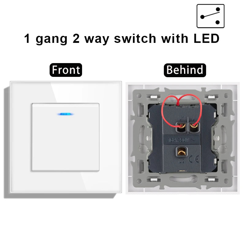 novski Crystal Tempered Glass Panel 1 Gang 1way, 1 Gang 2way, 2 Gang 1way, 2 Gang 2way, Wall Switch with LED Indicator 16A 250V