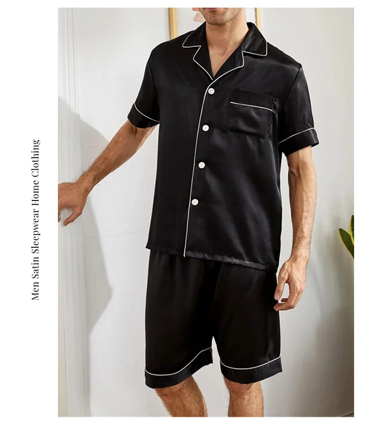 Men Satin Short Sleeve Pajama Set, Summer Sleepwear for Man, Button-Down Shirt & Elastic Waist Shorts, Pajamas Home Clothes, 2Piece