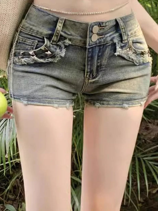 Women's Korean Retro Y2k Shorts Pants Lady Vintage High Street Hot Pants Female Blue Low Waist Elastic Wrapped Hip Short Jeans