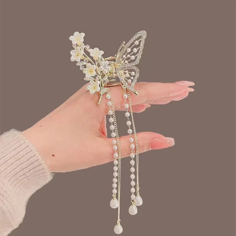 Glitter Shark Grip Clips Korean Style Sweet Romantic Hair Claws Butterfly Shape Girls Pearl Tassel Metal Jewelry Hair Accessory