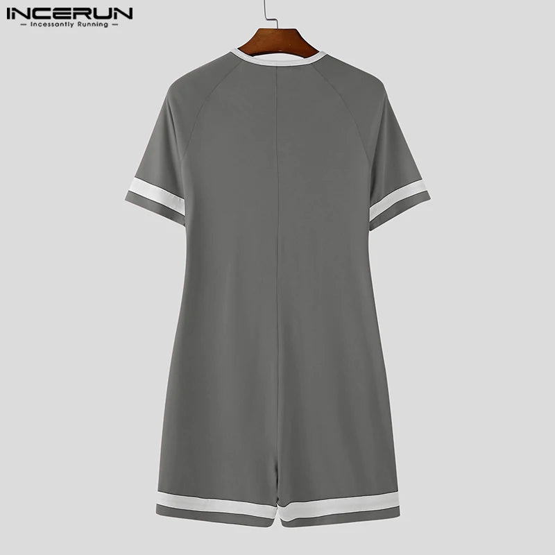 INCERUN Men Bodysuits Patchwork Zipper O-neck Short Sleeve Cozy Male Rompers Playsuits Workout 2025 Fashion Casual Bodysuit Men