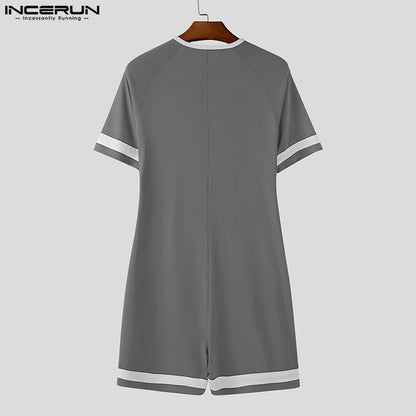 INCERUN Men Bodysuits Patchwork Zipper O-neck Short Sleeve Cozy Male Rompers Playsuits Workout 2025 Fashion Casual Bodysuit Men