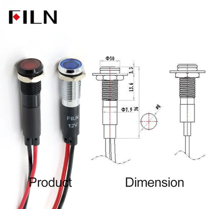 8/10/12/14/16mm Symbol LED Indicator Light 12V 24V Black Metal Indicator Dash Pilot Light with Wire Car Dashboard Truck Machinery