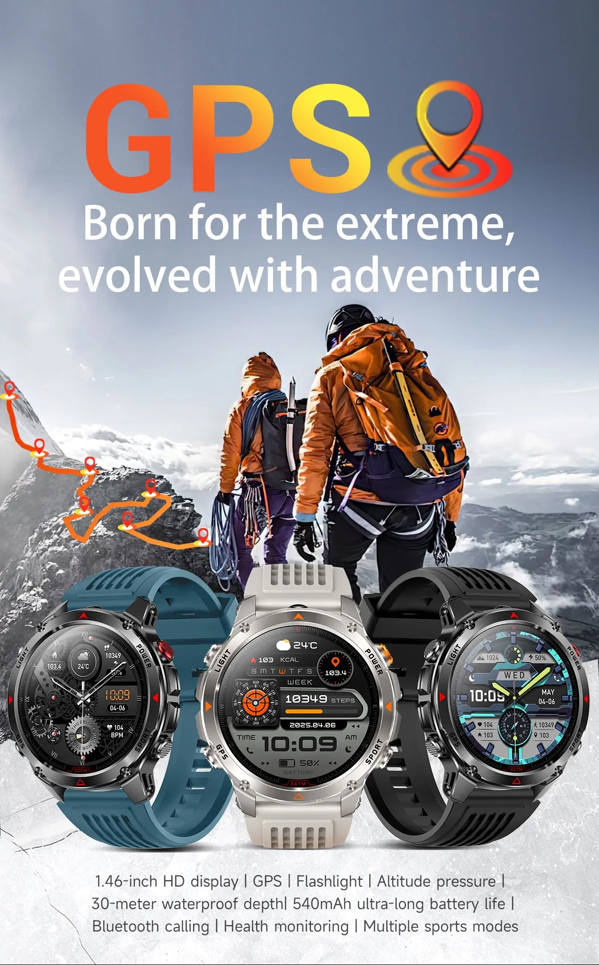 New Professional GPS Sports Smart Watch, Outdoor RIDE Run GPS track Swim Watchs Compass Altimeter, 3ATM Sports Bracelets, men, ladies