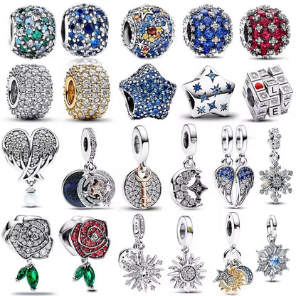 Authentic 925 Sterling Silver Charm Sparkling Star Moon & Sun Pendant Fit Original Bracelets DIY Women Bangles Jewelry Gift