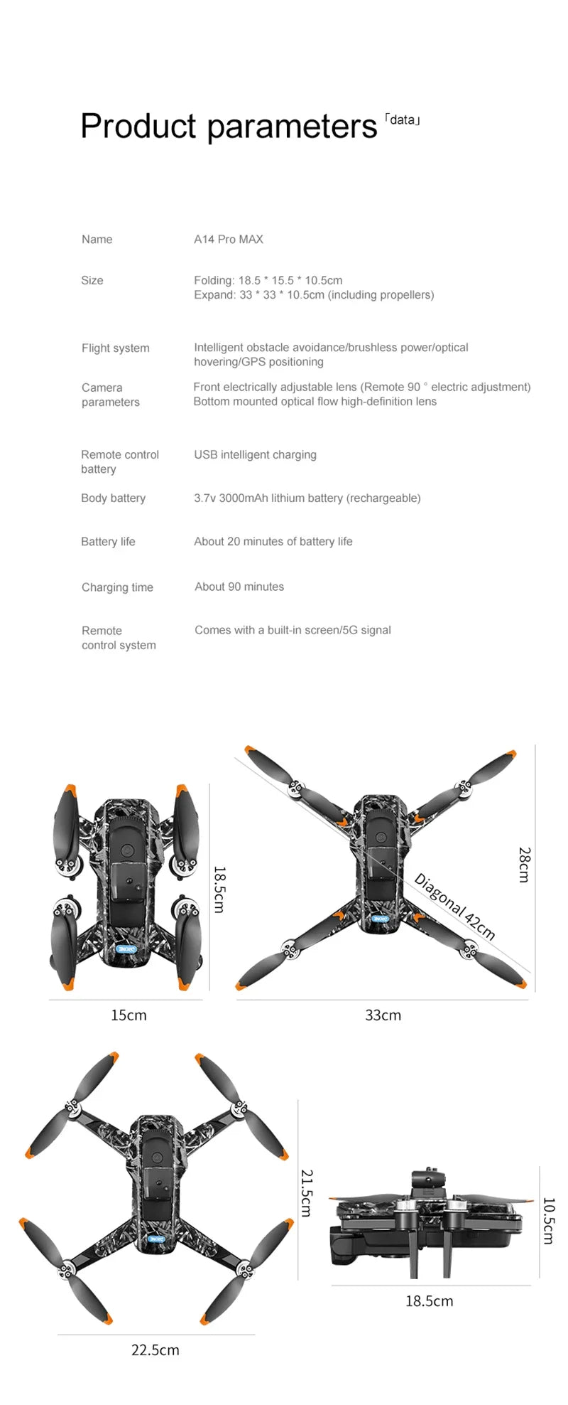 Drone A14Pro Max 8K HD Three Camera Brushless Optical Flow Obstacle Avoidance Foldable Quadcopter UAV 4.5-inch Large Screen Toys