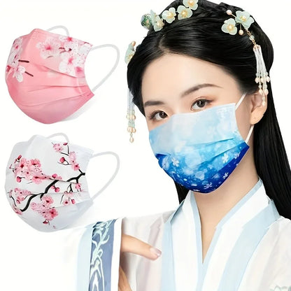 10pcs Romantic Floral & Starry Sky Print Face Masks for Women, 3-Layer Woven Polypropylene, Elastic, Breathable & Sun-Protective