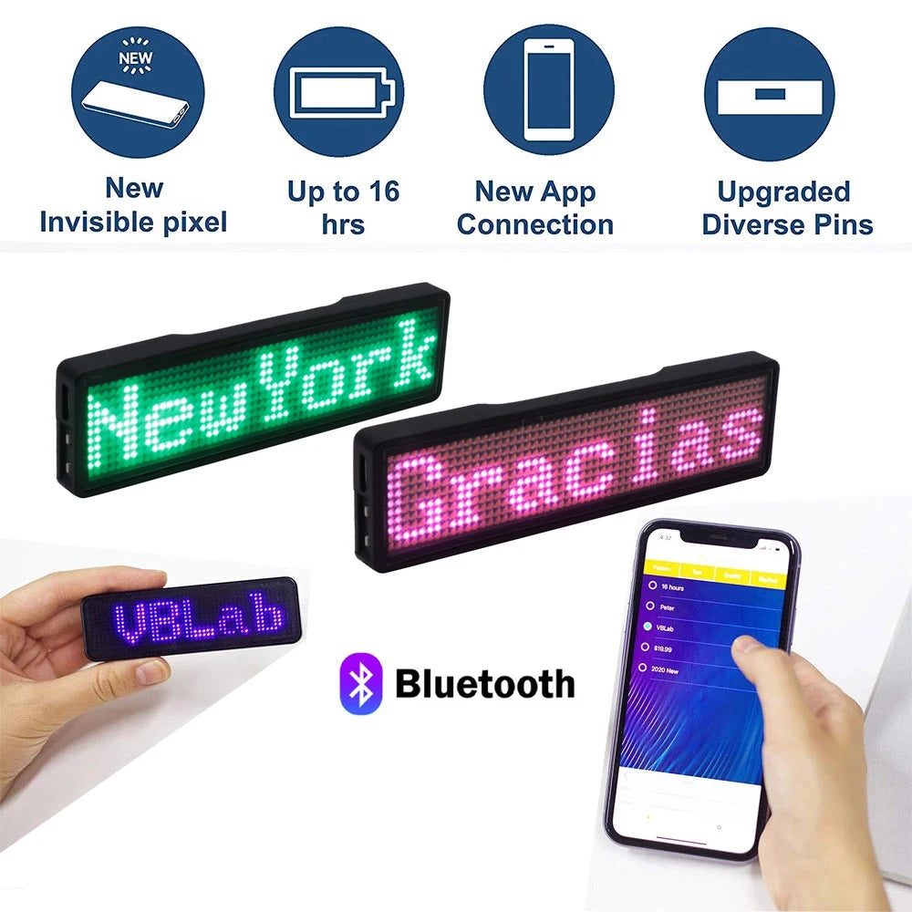 Rechargeable Bluetooth Digital LED Badge DIY Programmable Scrolling Message Mini LED Name Tag Badge Module Support 15 Languages
