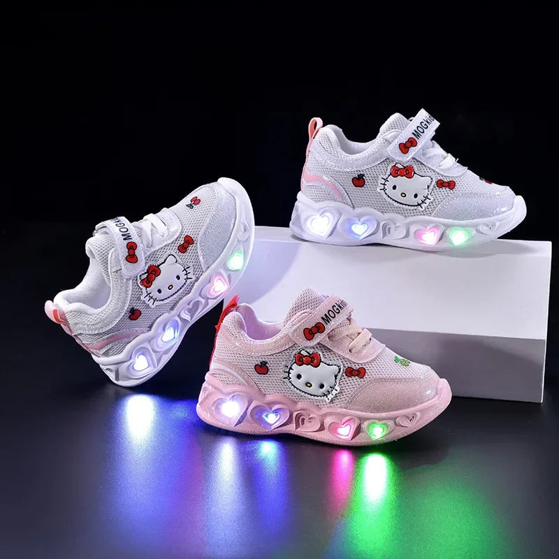 Hello Kitty Kids'Casual Shoes  Led Light Cartoon PU Leather Fashion Sport Flat Bottom Shoes Breathable White Pink Size 21-30