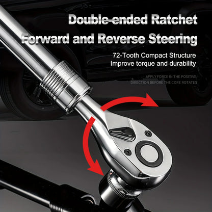 72-Tooth Ratchet Wrench Set, Chrome Vanadium Steel, Automatic Two-Way Mechanism, Stretchable, Ergonomic Grip, with Quick Socket