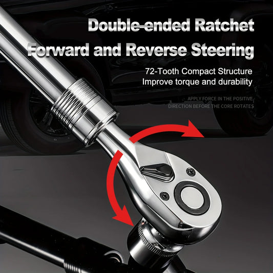72-Tooth Ratchet Wrench Set, Chrome Vanadium Steel, Automatic Two-Way Mechanism, Stretchable, Ergonomic Grip, with Quick Socket