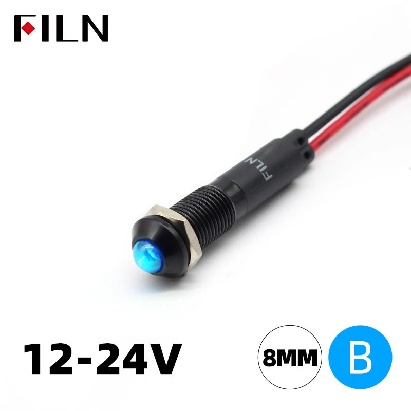 FILN 8mm LED Light Panel Mounted Raised Head LED Light Panel Black Metal Shell Mini 12V 24V 110V 220V With 20cm Cable