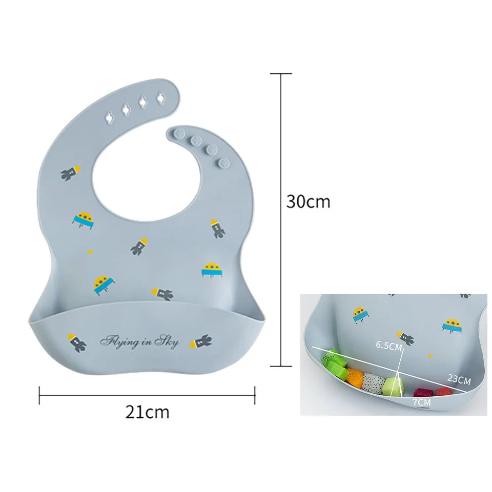 Baberos impermeables para niños, alimentación de bebés, cosas para comer, silicona suave, estampado de dibujos animados de animales, baberos ajustables para probar y alimentar al bebé