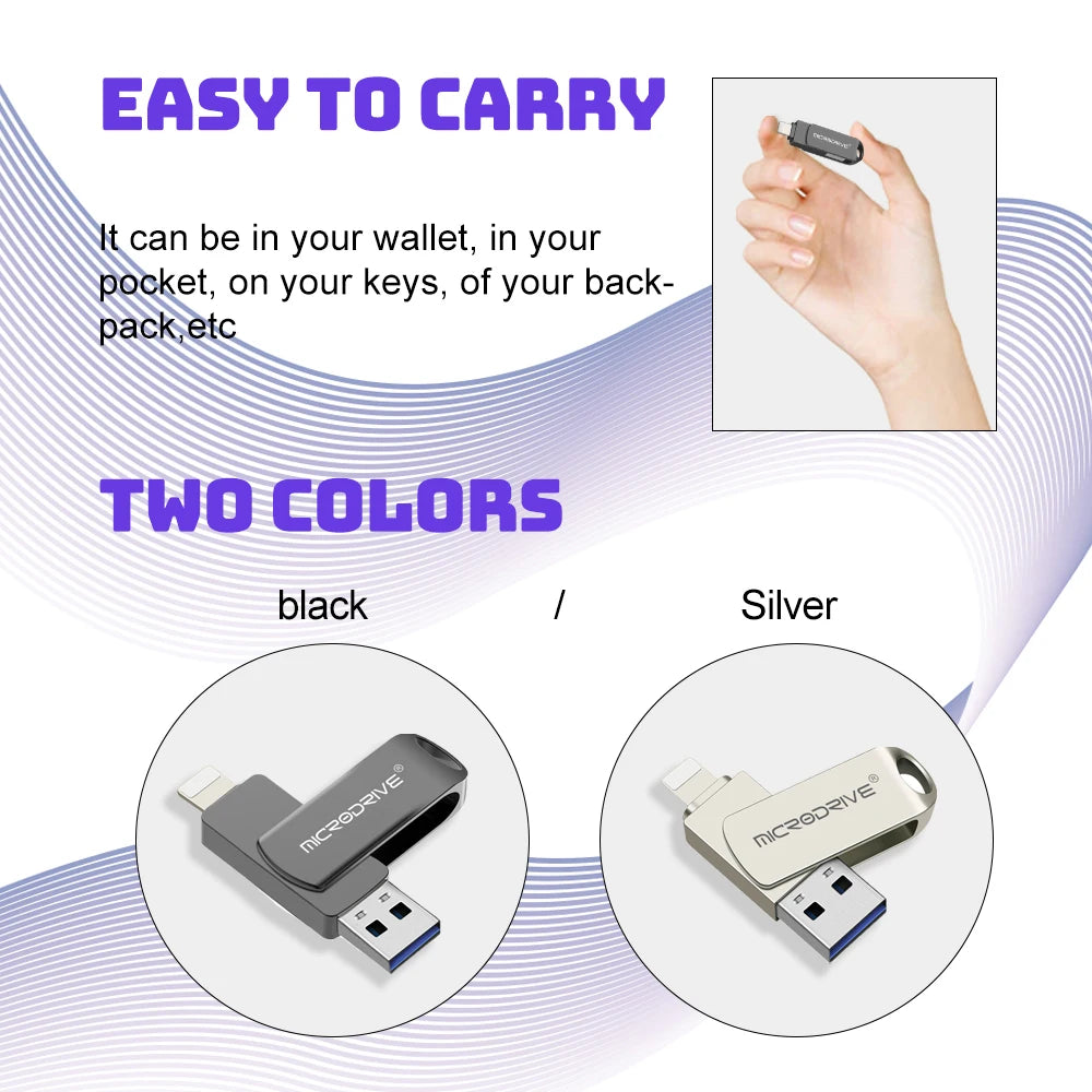 OTG Flash Drive USB 3.0 for iPhone with 2-in-1 USB-to-Lightning & USB 3.0 Pendrive for iPhone 6/7/8/11/12/13/14 / for iPad