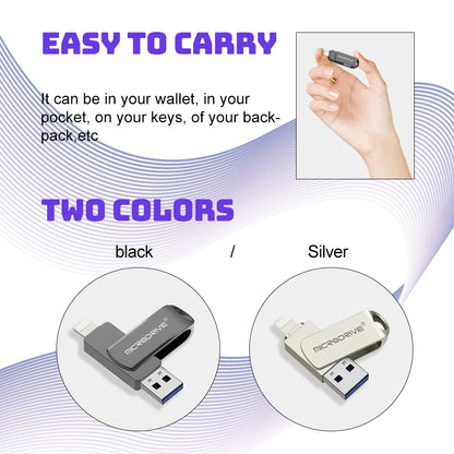 OTG Flash Drive USB 3.0 for iPhone with 2-in-1 USB-to-Lightning & USB 3.0 Pendrive for iPhone 6/7/8/11/12/13/14 / for iPad