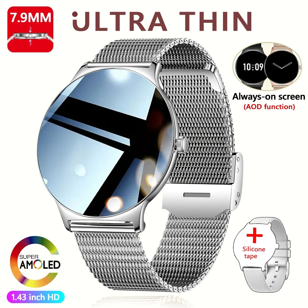 Ultra-Thin Fashion Women's Smart Watch 1.43 inch AMOLED HD Screen Sports Bracelet Clock Always Show Time Bluetooth Call Smartwatch