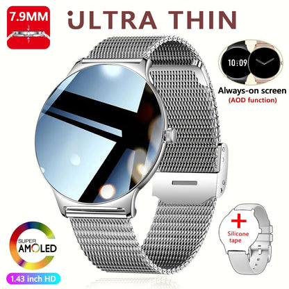 Ultra-Thin Fashion Women's Smart Watch 1.43 inch AMOLED HD Screen Sports Bracelet Clock Always Show Time Bluetooth Call Smartwatch