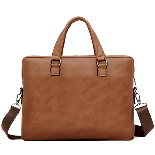 The neutral color men's handbag is suitable for business trips and can also be carried on one shoulder. It is made of PU material.