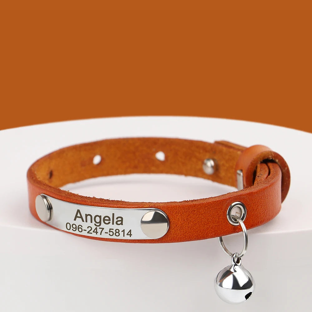 Personalized Cat Collar Leather Kitten Cats Collars Adjustable Pet Necklace With Bell Anti-lost for Cats Free Engraving Custom