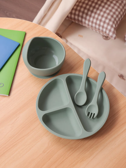 4PCS Baby Silicone Feeding Set Suction Dishes Plate Spoon Fork BPA Free Sucker Bowl Toddler Training Tableware Essentials