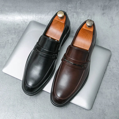 Men's Formal Leather Shoes Classic Style Slip-On Loafers Round Toe Breathable Non-Slip Business Dress Wedding Office Casual Shoes