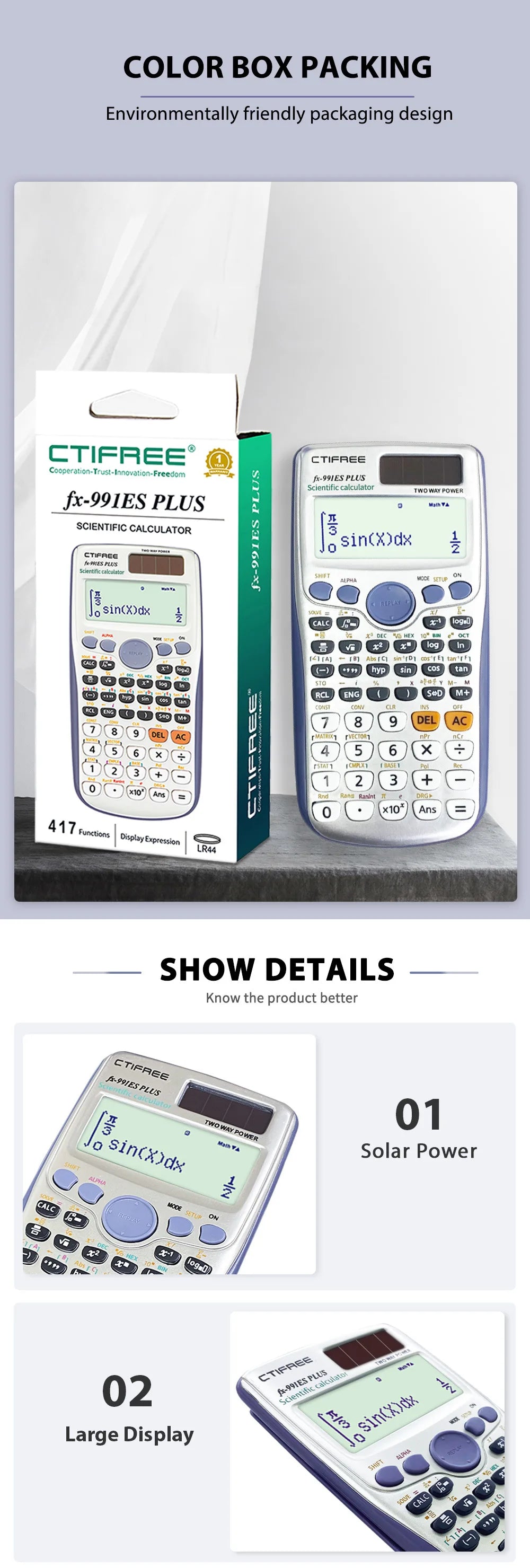 Calculator for FX-991ES-PLUS Original Scientific Calculator 417 Functions for High School University Students Office Coin Battery