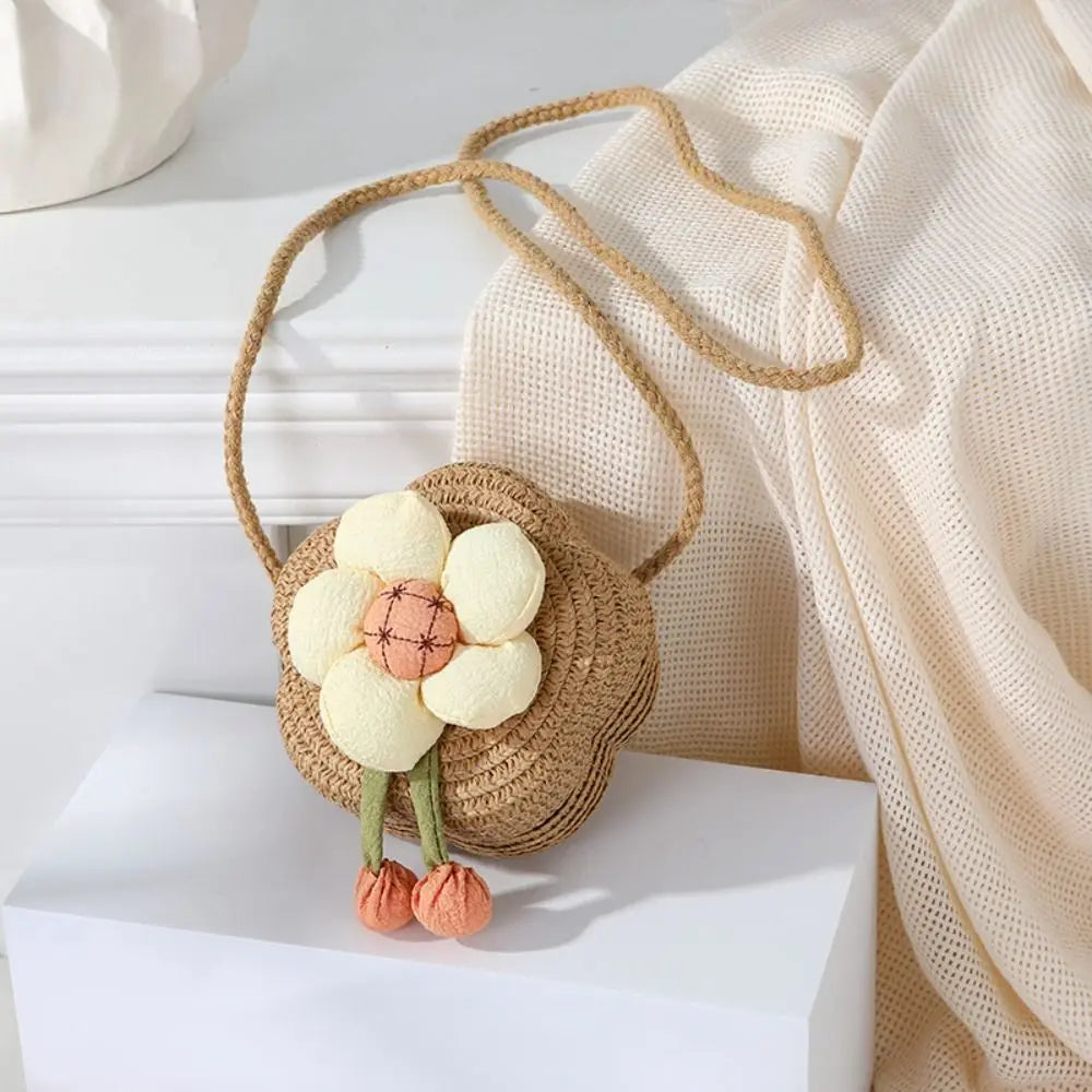 Bolso bandolera de paja duradero, monedero tejido con flores, bolso de mano para niñas, bolso de hombro tipo mensajero para niños, mini bolso de princesa lindo de verano