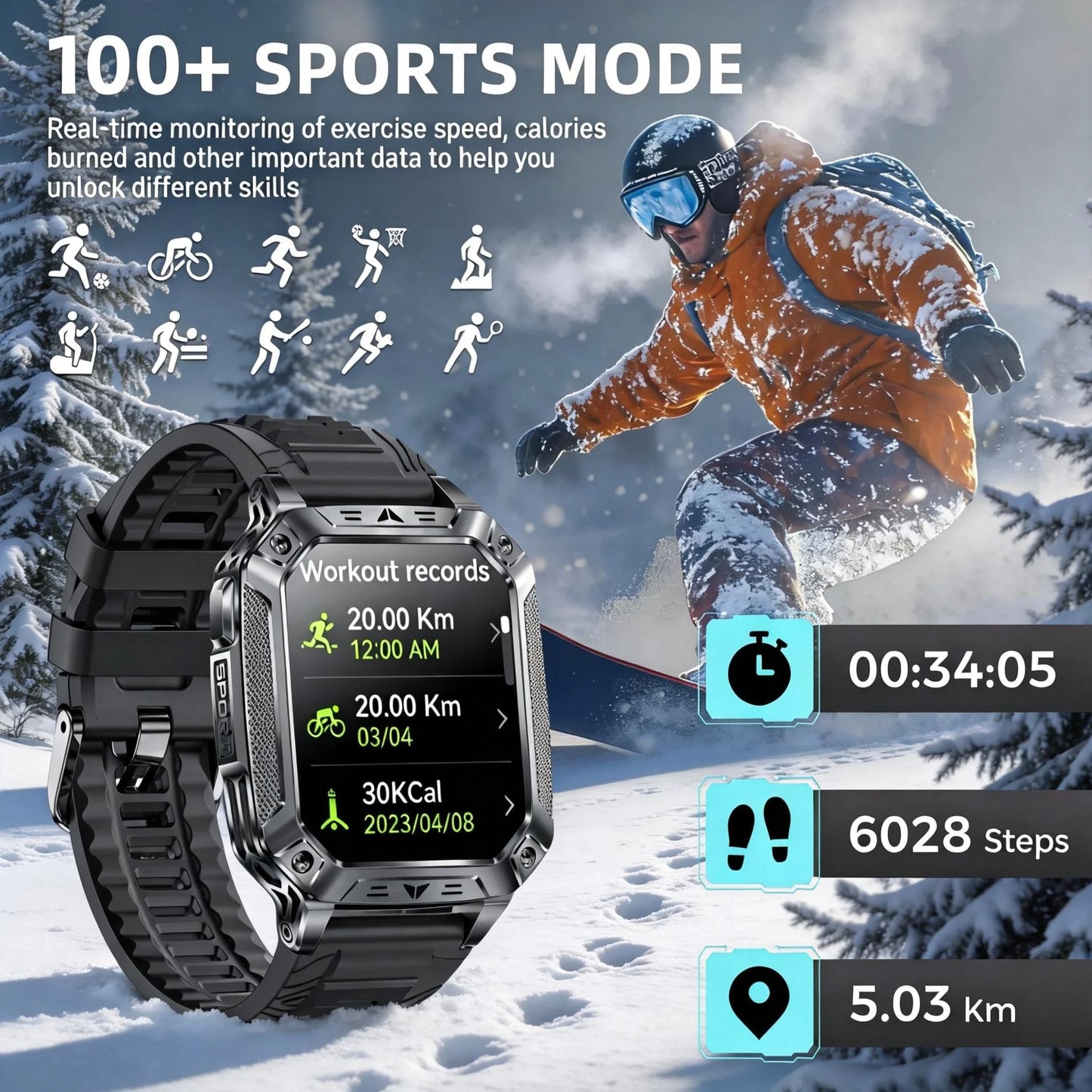 2026 Military outdoor SmartWatch Fitness Clock Men 2.01 inch AMOLED Screen 1400mAh Battery Flashlight Call Waterproof Smart Band