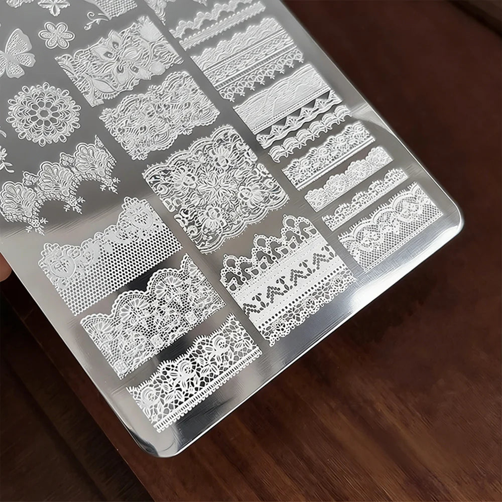 1Pc White Lace Nail Art Templates Stripes Stamping Plate Wedding Bridal Floral Leaves Stamp Templates Stainless Steel Nail Tools