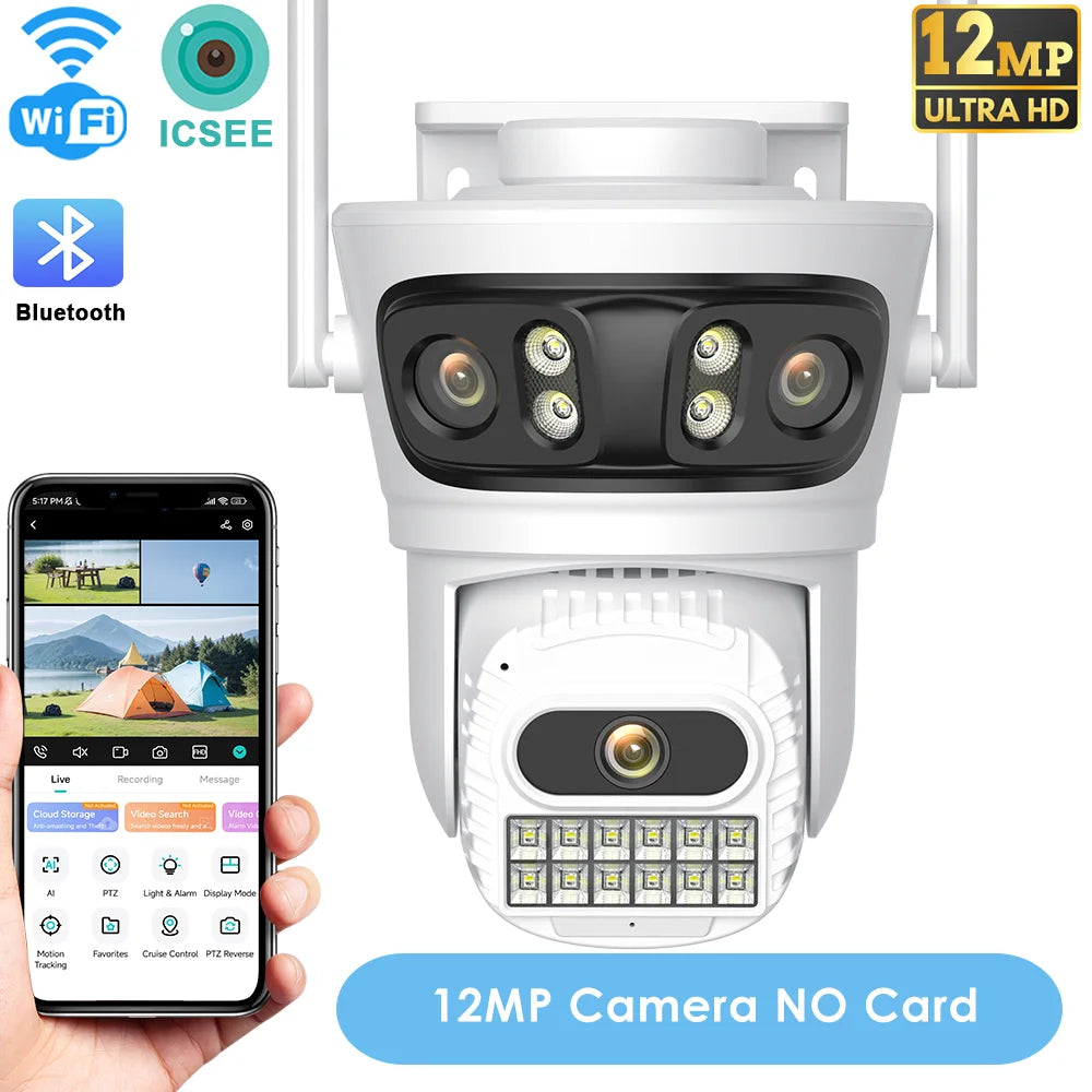 12MP Outdoor WiFi Camera, 6K HD Triple Lens, Triple Screens PTZ IP Security Camera, Human Auto Tracking, Waterproof CCTV Cam ICSEE