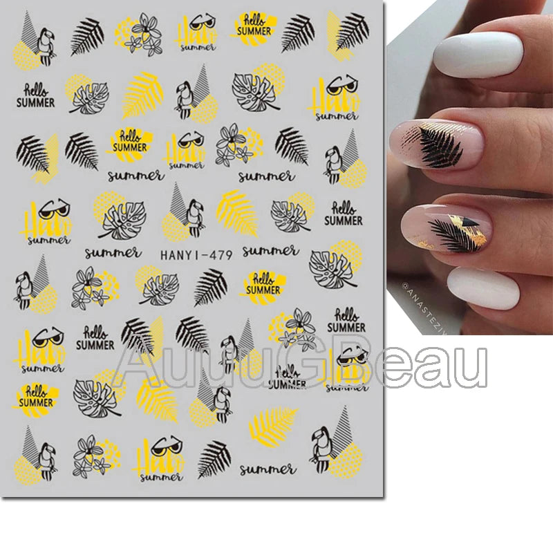 3d Nail Art Decals Tropical Palm Leaves Flowers Laces Faces Adhesive Sliders Nail Stickers Decoration For Nail Manicure