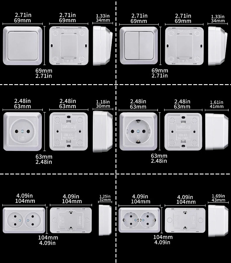 Silvery Wall Surface Button, Light Switch, EU Spray Paint Plastic Outdoor 1 Gang 1 Way, Wall Exterior Rocker On/Off  Switch, WESA