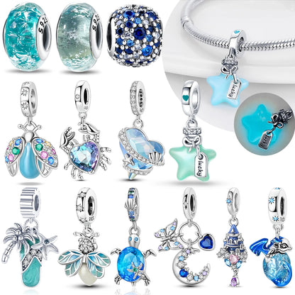 Charms 925 Silver Blue Original Stars Heart Zircon Chameleon Panda Glass Beads Fit Bracelet Jewelry Women Diy Accessories