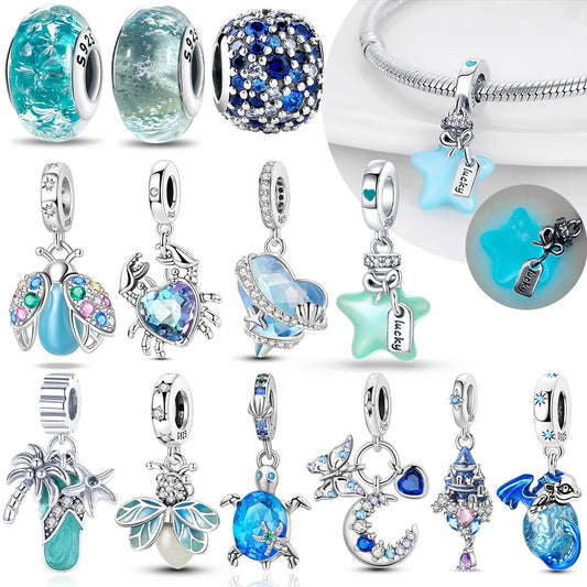 Charms 925 Silver Blue Original Stars Heart Zircon Chameleon Panda Glass Beads Fit Bracelet Jewelry Women Diy Accessories