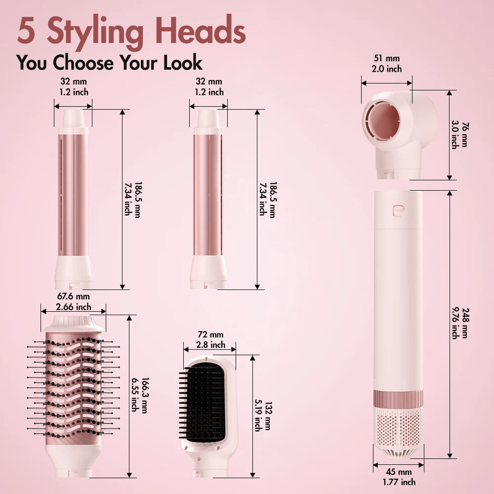 5-in-1 detachable hair dryer brush styling system, fast drying, curling, smoothing, and styling, automatic curling iron