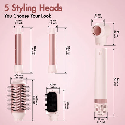 5-in-1 detachable hair dryer brush styling system, fast drying, curling, smoothing, and styling, automatic curling iron